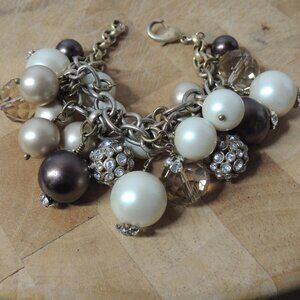 Stella & Dot Audrey Cluster Bracelet Gold Tone Faux Pearls Crystals 8"
